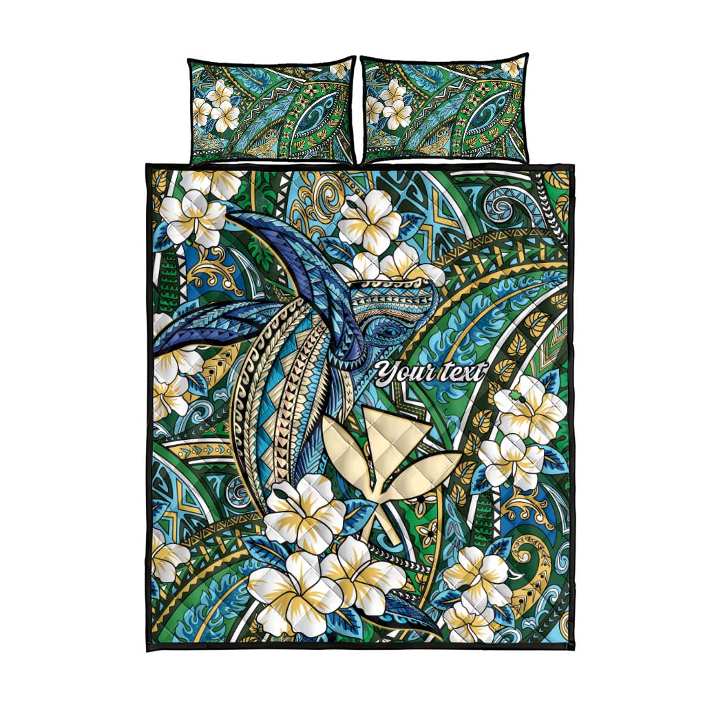 Personalised Hawaii Tribal Humpback Whale Quilt Bed Set Omaomao Hibiscus Seamless Pattern