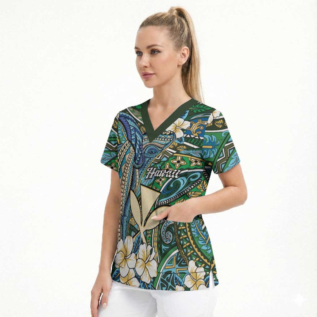 Personalised Hawaii Tribal Humpback Whale Scrub Top Omaomao Hibiscus Seamless Pattern