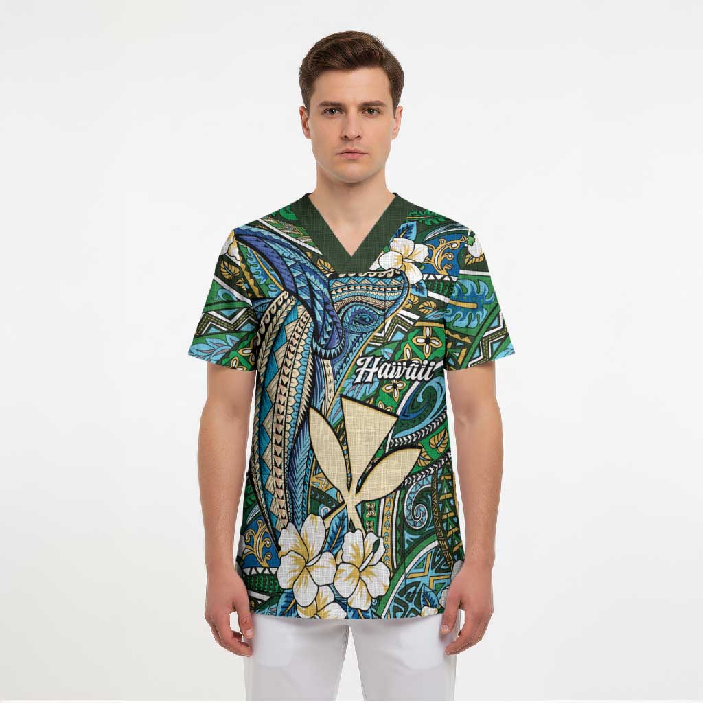Personalised Hawaii Tribal Humpback Whale Scrub Top Omaomao Hibiscus Seamless Pattern