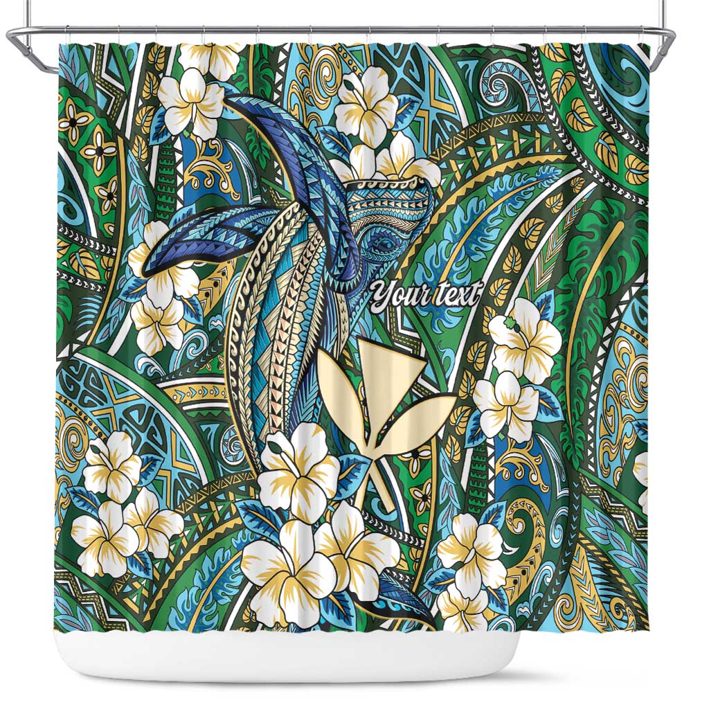 Personalised Hawaii Tribal Humpback Whale Shower Curtain Omaomao Hibiscus Seamless Pattern