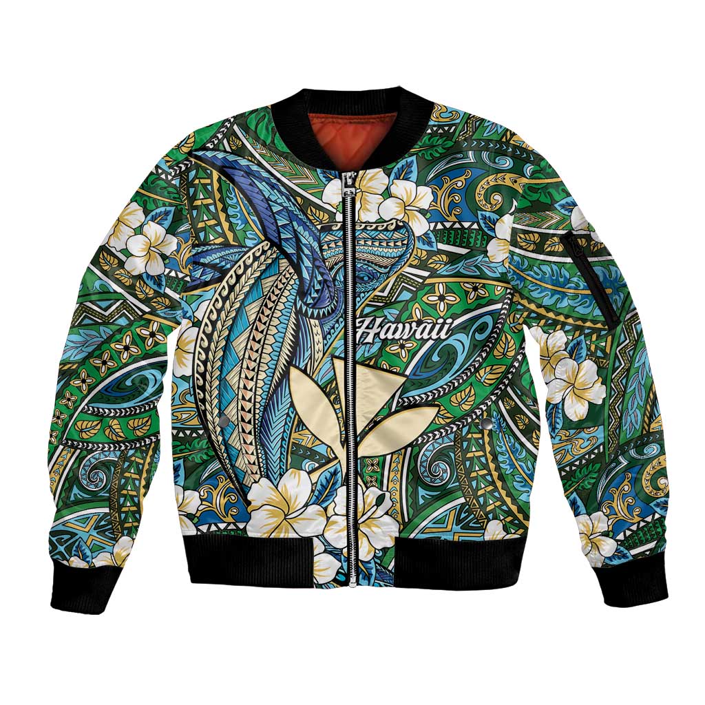 Personalised Hawaii Tribal Humpback Whale Sleeve Zip Bomber Jacket Omaomao Hibiscus Seamless Pattern