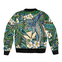 Personalised Hawaii Tribal Humpback Whale Sleeve Zip Bomber Jacket Omaomao Hibiscus Seamless Pattern