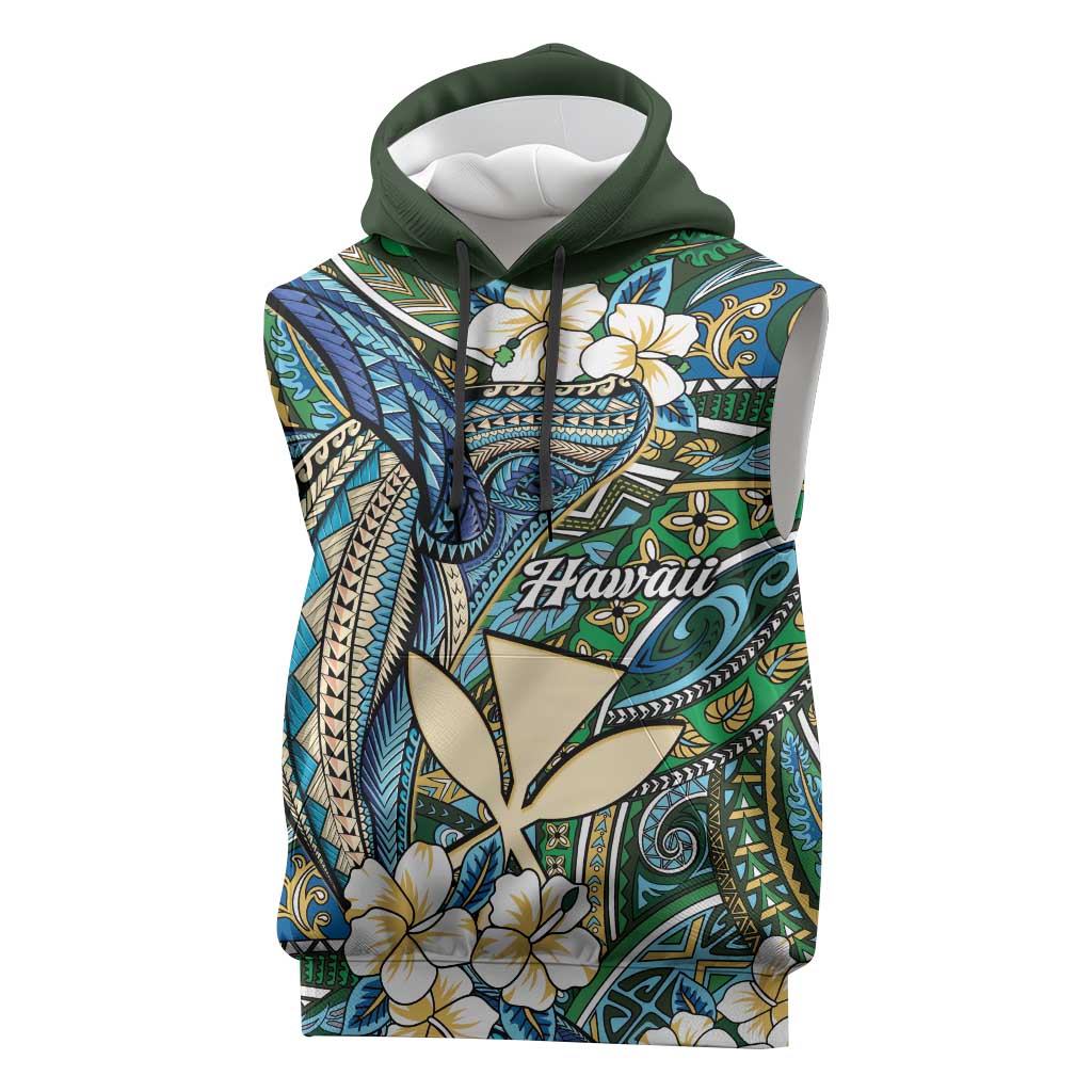 Personalised Hawaii Tribal Humpback Whale Sleeveless Hoodie Omaomao Hibiscus Seamless Pattern