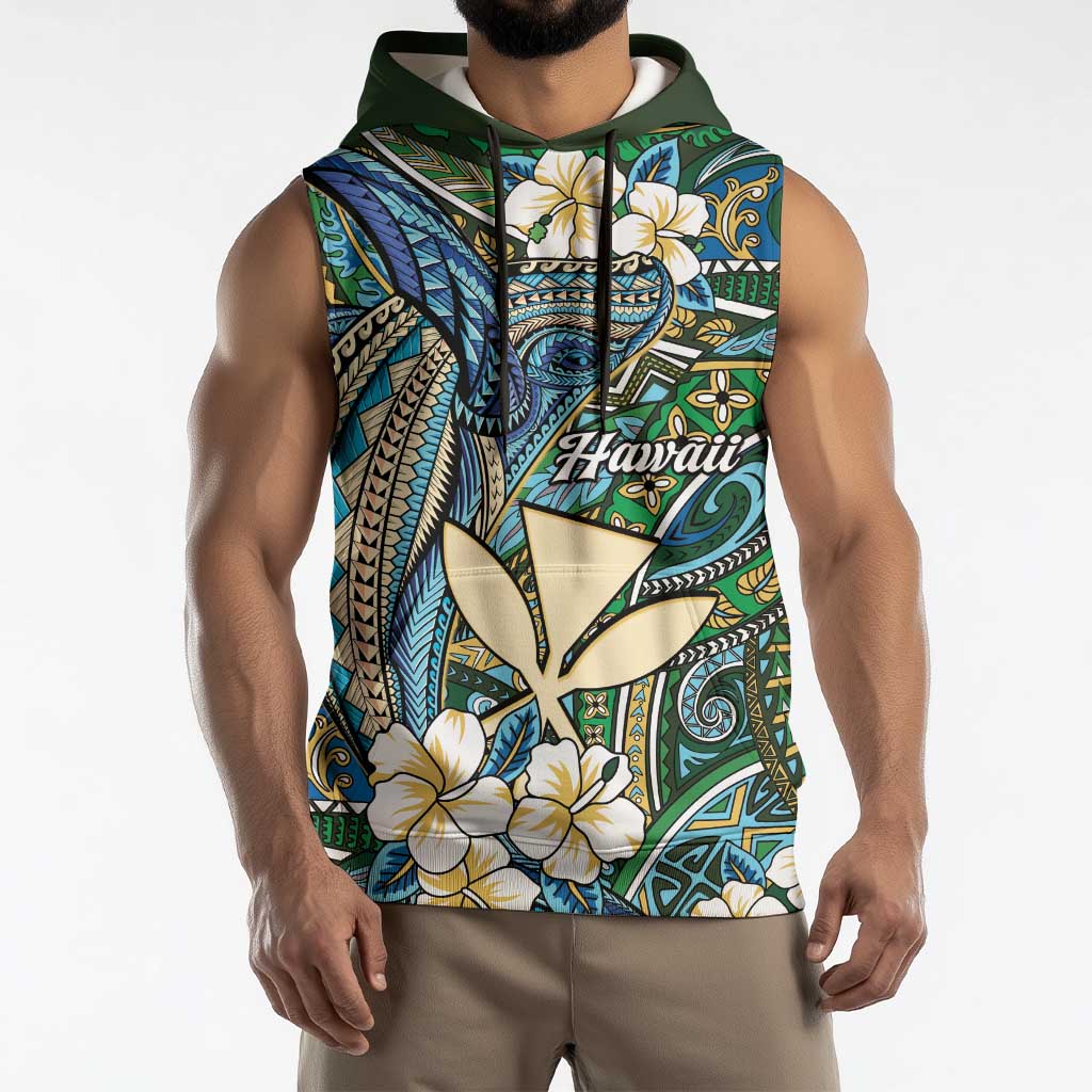 Personalised Hawaii Tribal Humpback Whale Sleeveless Hoodie Omaomao Hibiscus Seamless Pattern