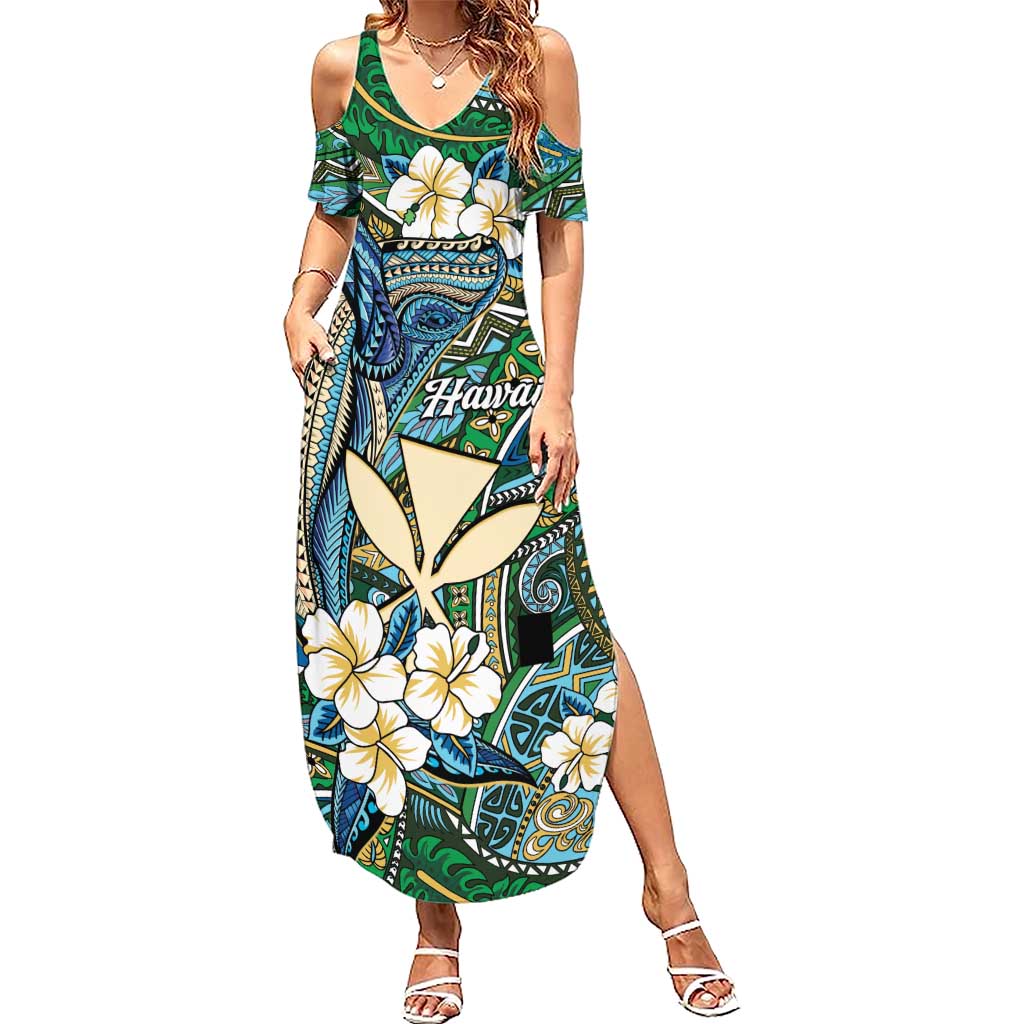Personalised Hawaii Tribal Humpback Whale Summer Maxi Dress Omaomao Hibiscus Seamless Pattern LT9 Women Green - Polynesian Pride