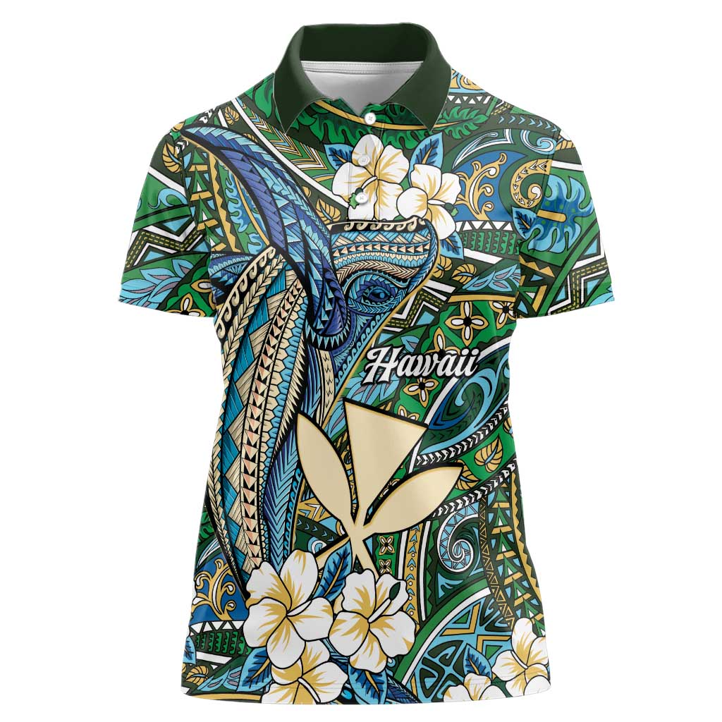 Personalised Hawaii Tribal Humpback Whale Women Polo Shirt Omaomao Hibiscus Seamless Pattern