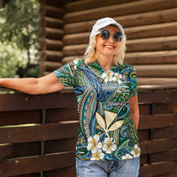 Personalised Hawaii Tribal Humpback Whale Women Polo Shirt Omaomao Hibiscus Seamless Pattern