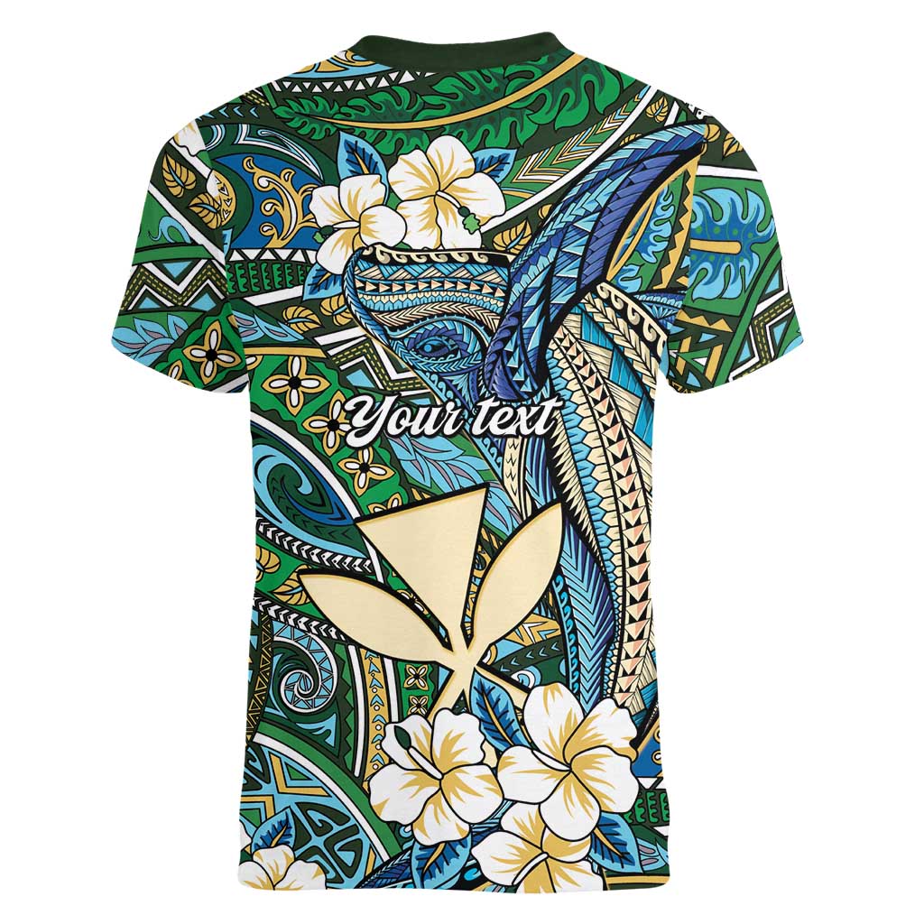 Personalised Hawaii Tribal Humpback Whale Women V-Neck T-Shirt Omaomao Hibiscus Seamless Pattern