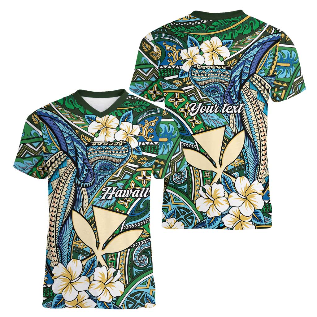 Personalised Hawaii Tribal Humpback Whale Women V-Neck T-Shirt Omaomao Hibiscus Seamless Pattern