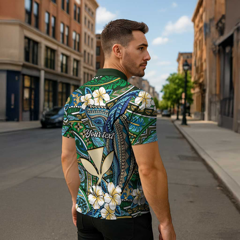 Personalised Hawaii Tribal Humpback Whale Zipper Polo Shirt Omaomao Hibiscus Seamless Pattern