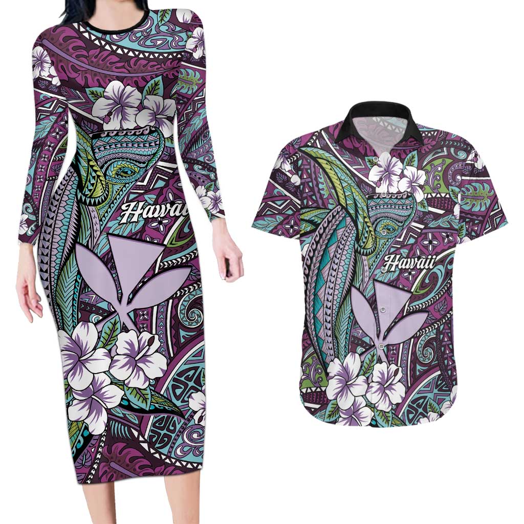 Personalised Hawaii Tribal Humpback Whale Couples Matching Long Sleeve Bodycon Dress and Hawaiian Shirt Poni Hibiscus Seamless Pattern
