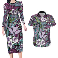 Personalised Hawaii Tribal Humpback Whale Couples Matching Long Sleeve Bodycon Dress and Hawaiian Shirt Poni Hibiscus Seamless Pattern