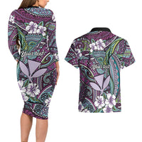 Personalised Hawaii Tribal Humpback Whale Couples Matching Long Sleeve Bodycon Dress and Hawaiian Shirt Poni Hibiscus Seamless Pattern