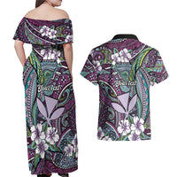 Personalised Hawaii Tribal Humpback Whale Couples Matching Off Shoulder Maxi Dress and Hawaiian Shirt Poni Hibiscus Seamless Pattern