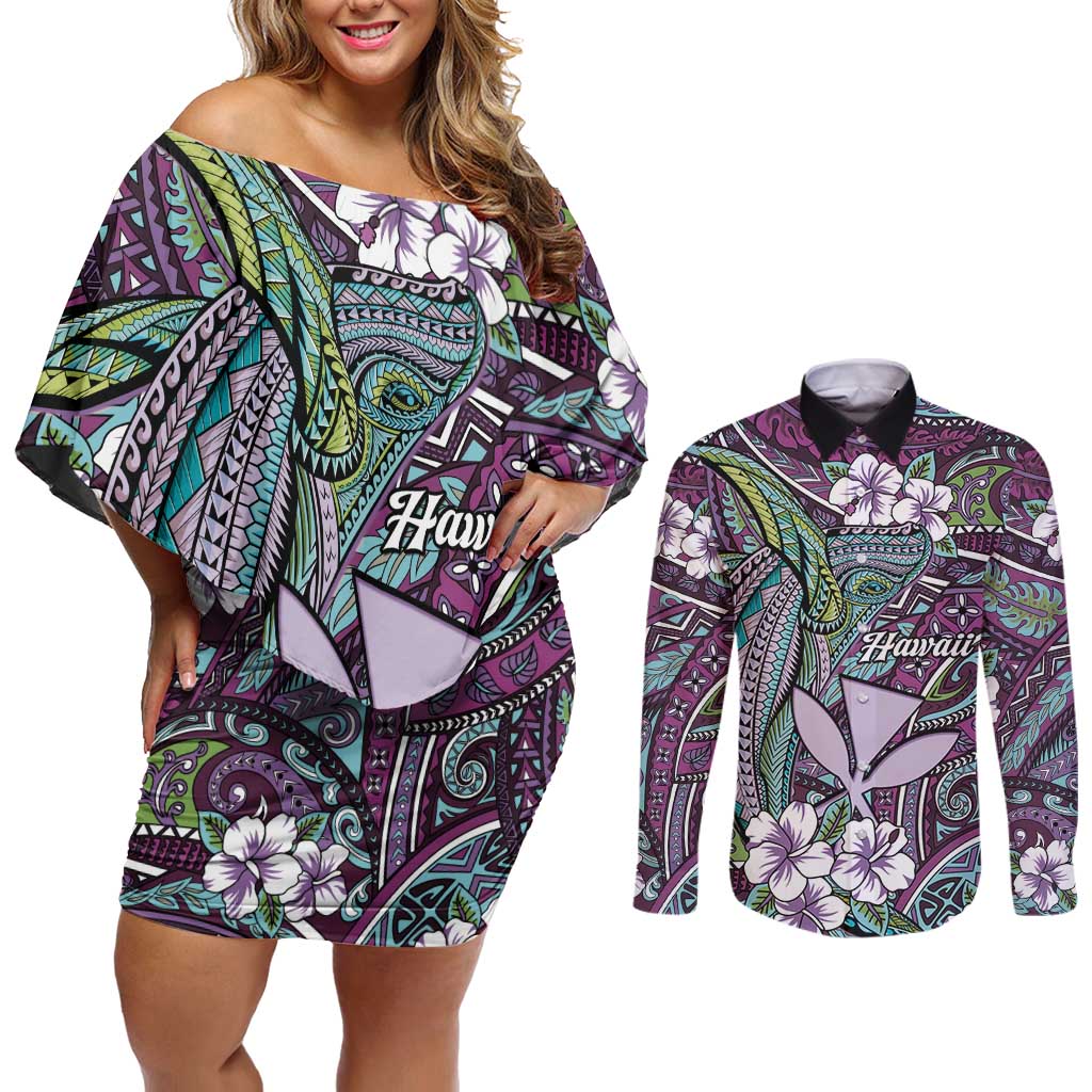 Personalised Hawaii Tribal Humpback Whale Couples Matching Off Shoulder Short Dress and Long Sleeve Button Shirt Poni Hibiscus Seamless Pattern LT9 Purple - Polynesian Pride
