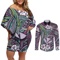 Personalised Hawaii Tribal Humpback Whale Couples Matching Off Shoulder Short Dress and Long Sleeve Button Shirt Poni Hibiscus Seamless Pattern LT9 Purple - Polynesian Pride