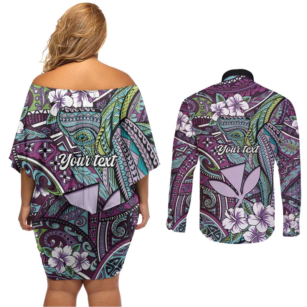 Personalised Hawaii Tribal Humpback Whale Couples Matching Off Shoulder Short Dress and Long Sleeve Button Shirt Poni Hibiscus Seamless Pattern LT9 - Polynesian Pride