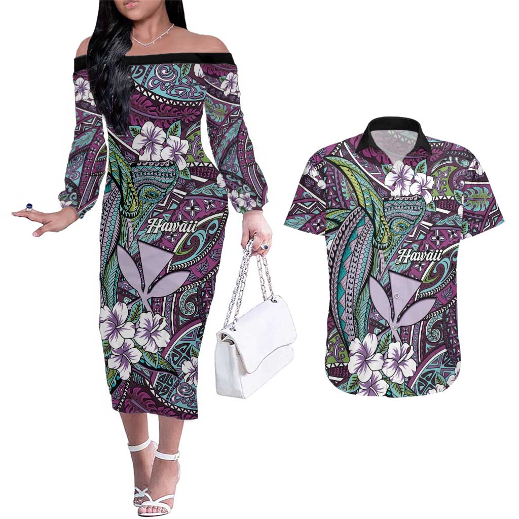 Personalised Hawaii Tribal Humpback Whale Couples Matching Off The Shoulder Long Sleeve Dress and Hawaiian Shirt Poni Hibiscus Seamless Pattern