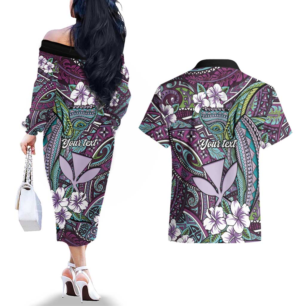 Personalised Hawaii Tribal Humpback Whale Couples Matching Off The Shoulder Long Sleeve Dress and Hawaiian Shirt Poni Hibiscus Seamless Pattern