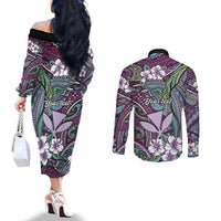 Personalised Hawaii Tribal Humpback Whale Couples Matching Off The Shoulder Long Sleeve Dress and Long Sleeve Button Shirt Poni Hibiscus Seamless Pattern