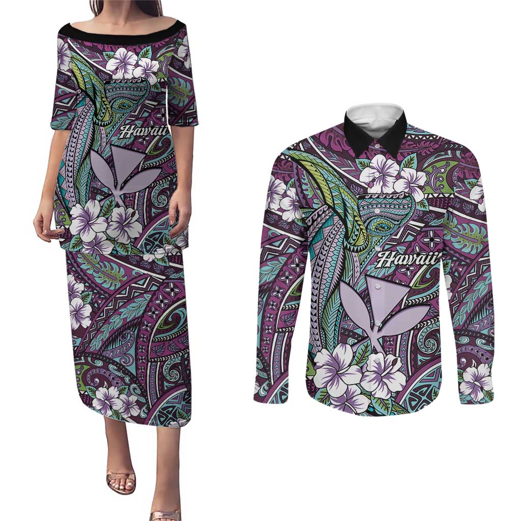 Personalised Hawaii Tribal Humpback Whale Couples Matching Puletasi and Long Sleeve Button Shirt Poni Hibiscus Seamless Pattern