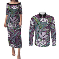 Personalised Hawaii Tribal Humpback Whale Couples Matching Puletasi and Long Sleeve Button Shirt Poni Hibiscus Seamless Pattern