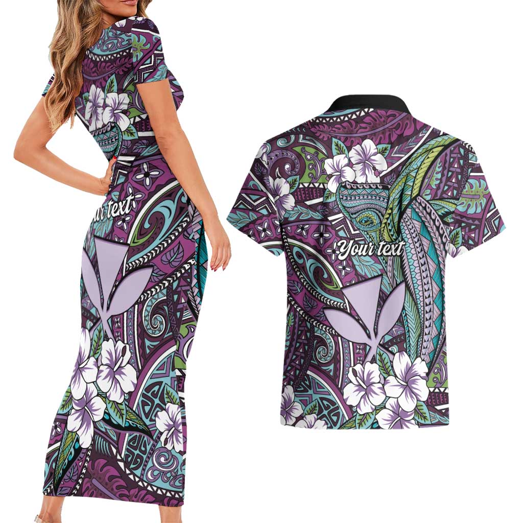 Personalised Hawaii Tribal Humpback Whale Couples Matching Short Sleeve Bodycon Dress and Hawaiian Shirt Poni Hibiscus Seamless Pattern