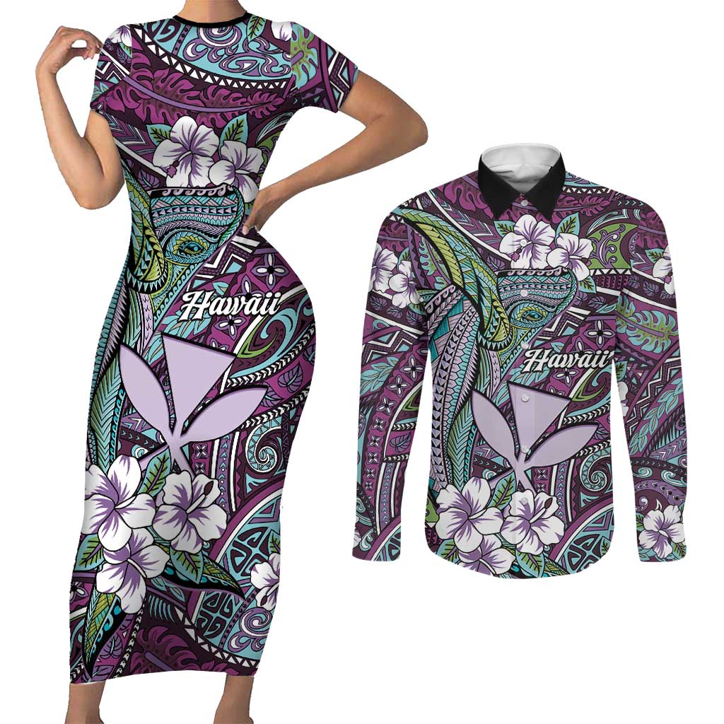 Personalised Hawaii Tribal Humpback Whale Couples Matching Short Sleeve Bodycon Dress and Long Sleeve Button Shirt Poni Hibiscus Seamless Pattern