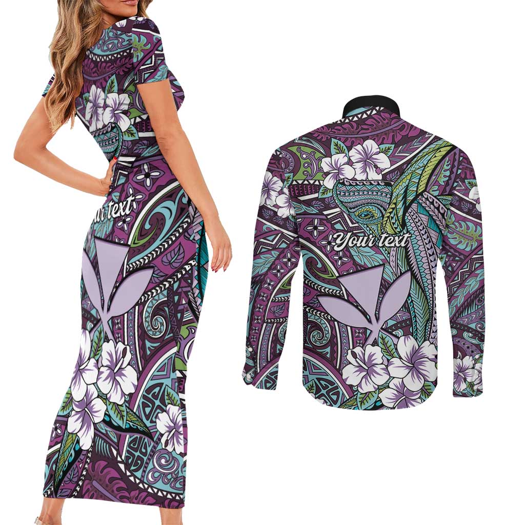 Personalised Hawaii Tribal Humpback Whale Couples Matching Short Sleeve Bodycon Dress and Long Sleeve Button Shirt Poni Hibiscus Seamless Pattern