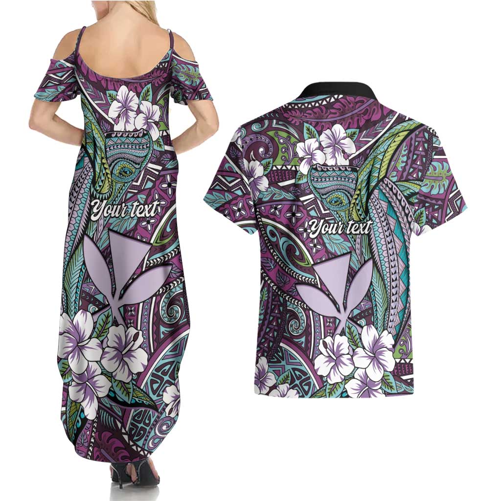 Personalised Hawaii Tribal Humpback Whale Couples Matching Summer Maxi Dress and Hawaiian Shirt Poni Hibiscus Seamless Pattern