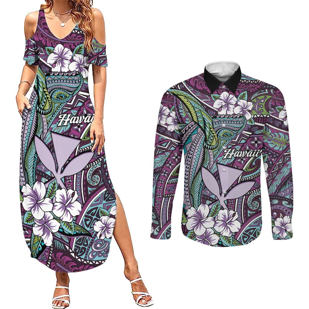 Personalised Hawaii Tribal Humpback Whale Couples Matching Summer Maxi Dress and Long Sleeve Button Shirt Poni Hibiscus Seamless Pattern