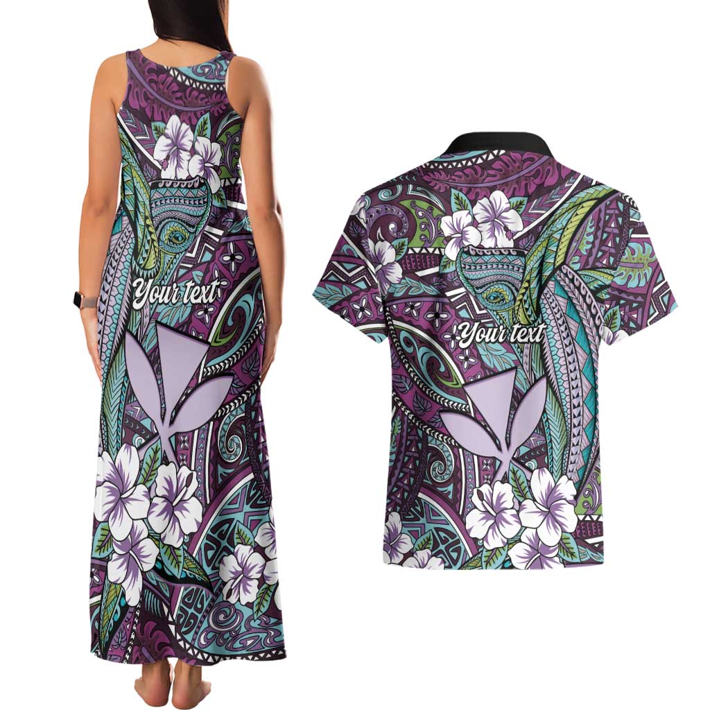 Personalised Hawaii Tribal Humpback Whale Couples Matching Tank Maxi Dress and Hawaiian Shirt Poni Hibiscus Seamless Pattern