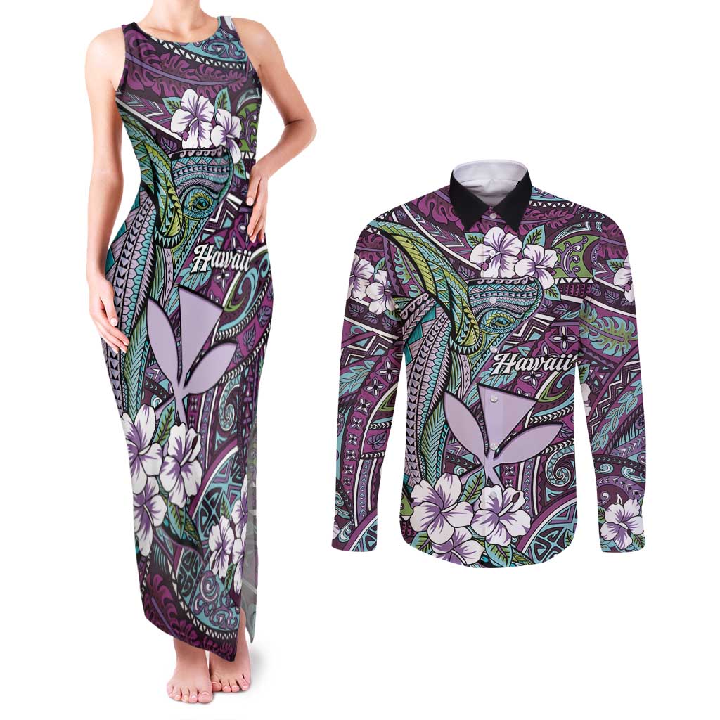 Personalised Hawaii Tribal Humpback Whale Couples Matching Tank Maxi Dress and Long Sleeve Button Shirt Poni Hibiscus Seamless Pattern LT9 Purple - Polynesian Pride