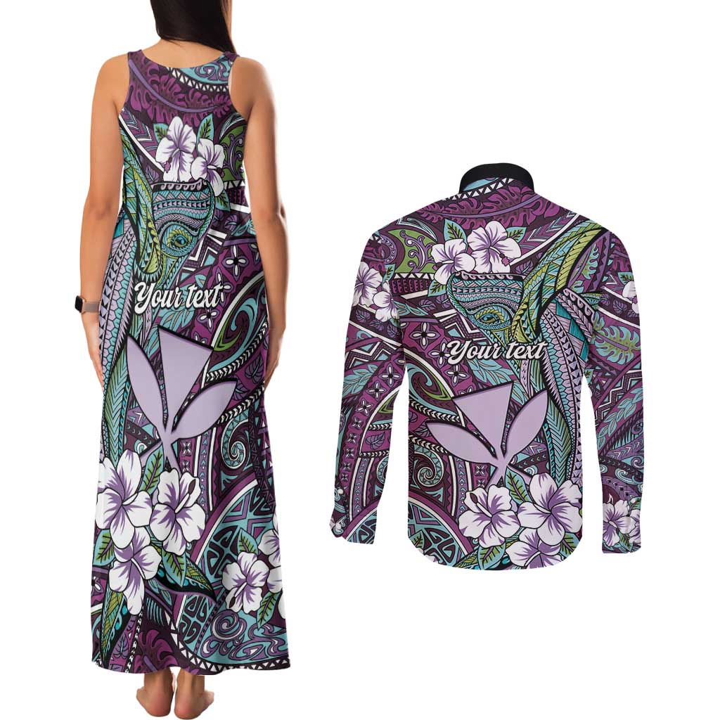 Personalised Hawaii Tribal Humpback Whale Couples Matching Tank Maxi Dress and Long Sleeve Button Shirt Poni Hibiscus Seamless Pattern LT9 - Polynesian Pride