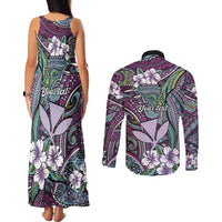 Personalised Hawaii Tribal Humpback Whale Couples Matching Tank Maxi Dress and Long Sleeve Button Shirt Poni Hibiscus Seamless Pattern LT9 - Polynesian Pride