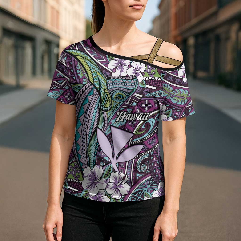 Personalised Hawaii Tribal Humpback Whale Cross Shoulder Shirt Poni Hibiscus Seamless Pattern LT9 - Polynesian Pride