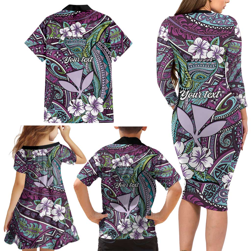Personalised Hawaii Tribal Humpback Whale Family Matching Long Sleeve Bodycon Dress and Hawaiian Shirt Poni Hibiscus Seamless Pattern