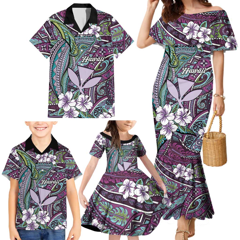 Personalised Hawaii Tribal Humpback Whale Family Matching Mermaid Dress and Hawaiian Shirt Poni Hibiscus Seamless Pattern
