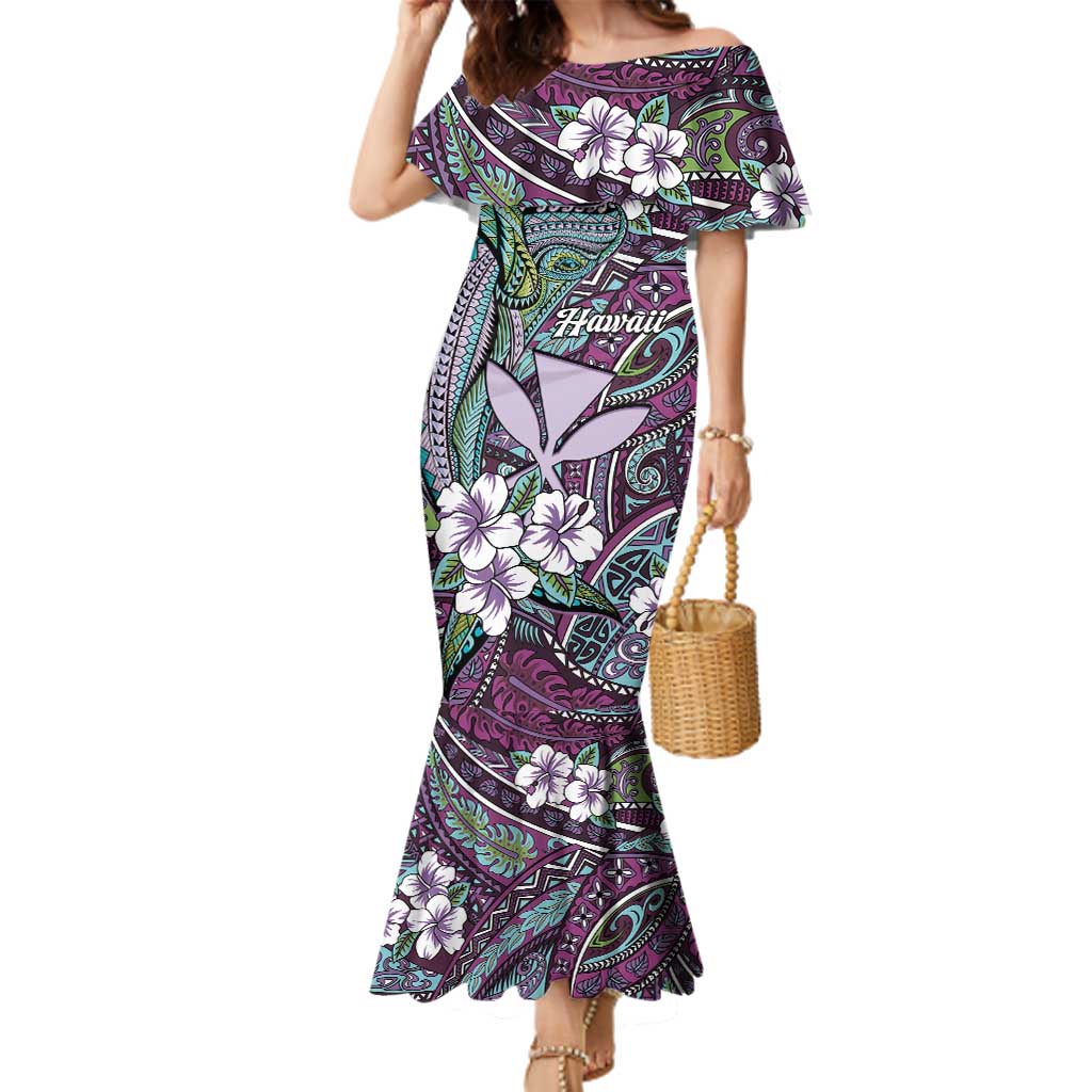 Personalised Hawaii Tribal Humpback Whale Family Matching Mermaid Dress and Hawaiian Shirt Poni Hibiscus Seamless Pattern