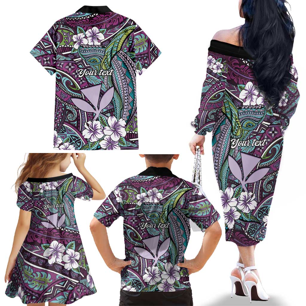 Personalised Hawaii Tribal Humpback Whale Family Matching Off The Shoulder Long Sleeve Dress and Hawaiian Shirt Poni Hibiscus Seamless Pattern