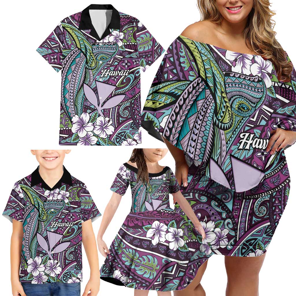 Personalised Hawaii Tribal Humpback Whale Family Matching Off Shoulder Short Dress and Hawaiian Shirt Poni Hibiscus Seamless Pattern