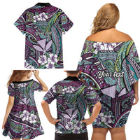 Personalised Hawaii Tribal Humpback Whale Family Matching Off Shoulder Short Dress and Hawaiian Shirt Poni Hibiscus Seamless Pattern