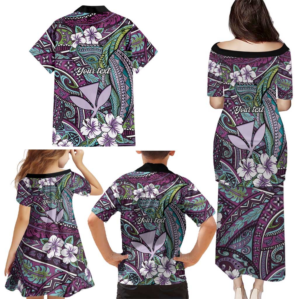 Personalised Hawaii Tribal Humpback Whale Family Matching Puletasi and Hawaiian Shirt Poni Hibiscus Seamless Pattern