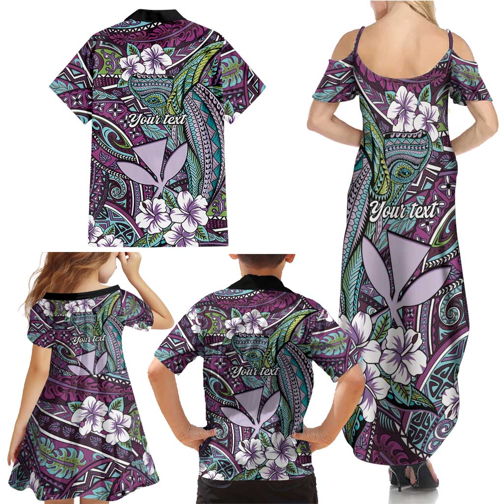 Personalised Hawaii Tribal Humpback Whale Family Matching Summer Maxi Dress and Hawaiian Shirt Poni Hibiscus Seamless Pattern