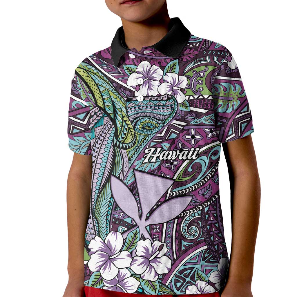 Personalised Hawaii Tribal Humpback Whale Kid Polo Shirt Poni Hibiscus Seamless Pattern LT9 Kid Purple - Polynesian Pride