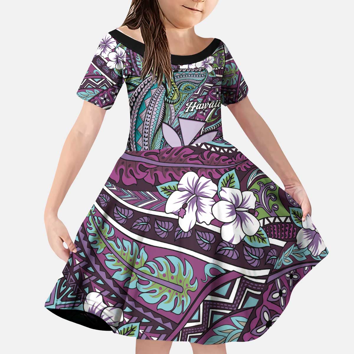 Personalised Hawaii Tribal Humpback Whale Kid Short Sleeve Dress Poni Hibiscus Seamless Pattern
