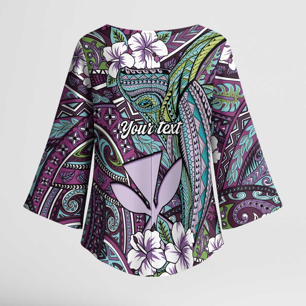 Personalised Hawaii Tribal Humpback Whale Kimono Sleeve Blouse Poni Hibiscus Seamless Pattern
