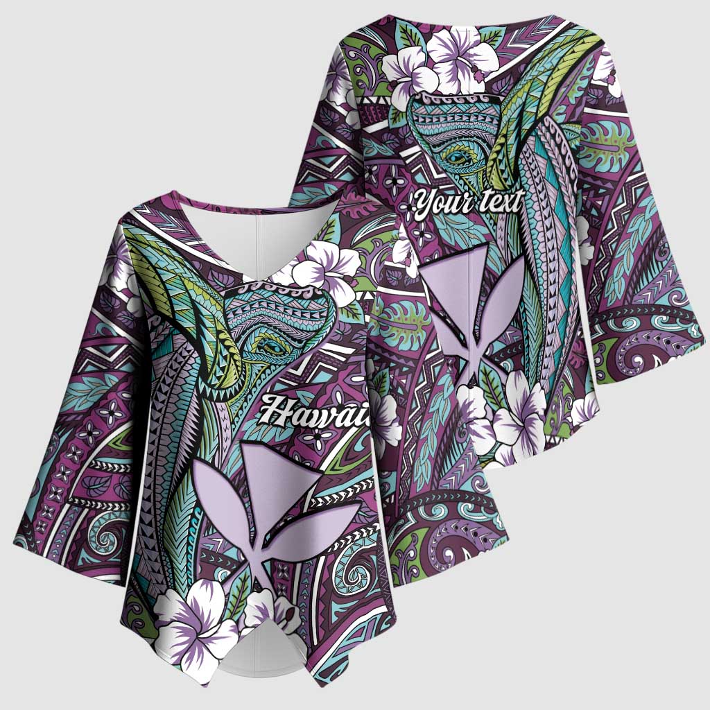 Personalised Hawaii Tribal Humpback Whale Kimono Sleeve Blouse Poni Hibiscus Seamless Pattern