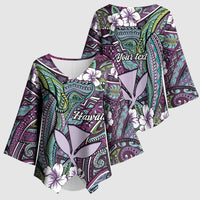 Personalised Hawaii Tribal Humpback Whale Kimono Sleeve Blouse Poni Hibiscus Seamless Pattern