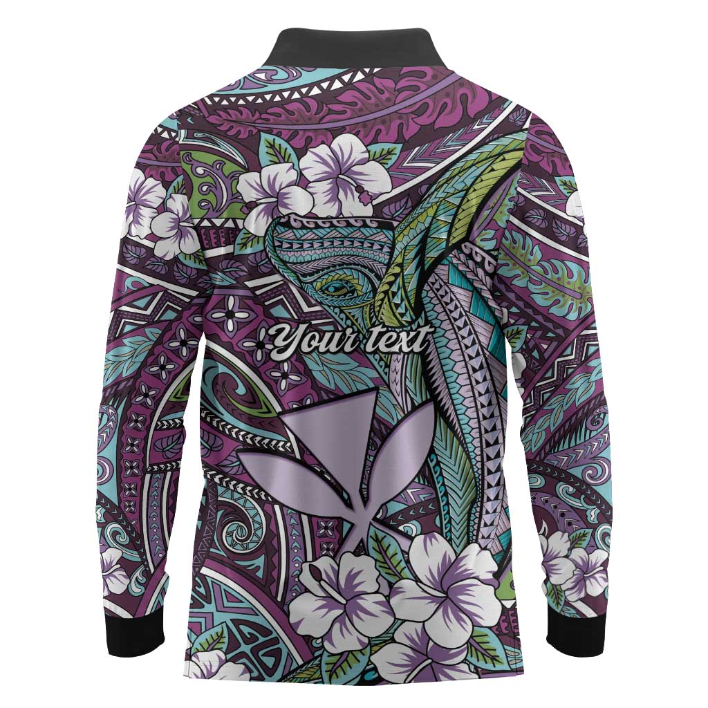 Personalised Hawaii Tribal Humpback Whale Long Sleeve Polo Shirt Poni Hibiscus Seamless Pattern